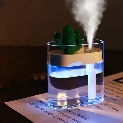 Ultrasonic Air Humidifier | Simplistic Clear Oil Diffuser with a Cactus Design and Colored Light