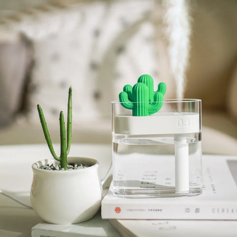 Ultrasonic Air Humidifier | Simplistic Clear Oil Diffuser with a Cactus Design and Colored Light